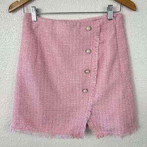Pink Mini Skirt Tweed Preppy Small Francesca’s Blue Rain Raw Hem
